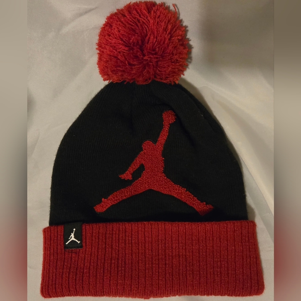 Jordan Black and Red Beanie Hat with Pom